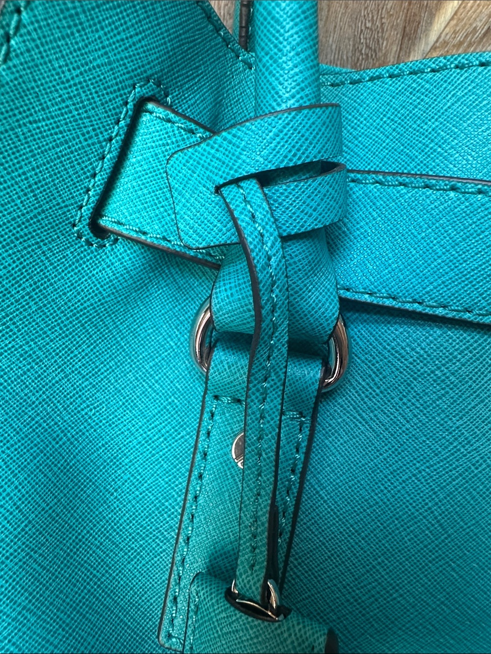 Michael Kors Turquoise Satchel Tote with Silver Padlock & Chain Shoulder Handbag - Picture 13 of 16